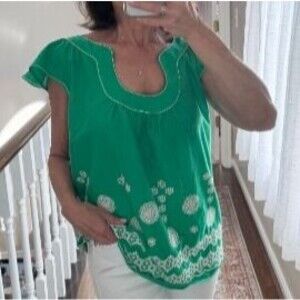 Max Edition Boho Green Embroidered Flutter Sleeve Cotton Top
